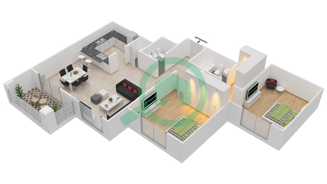 Арно Тауэр А - Апартамент 2 Cпальни планировка Гарнитур, анфилиада комнат, апартаменты, подходящий 16,25 Floor 1-6 interactive3D