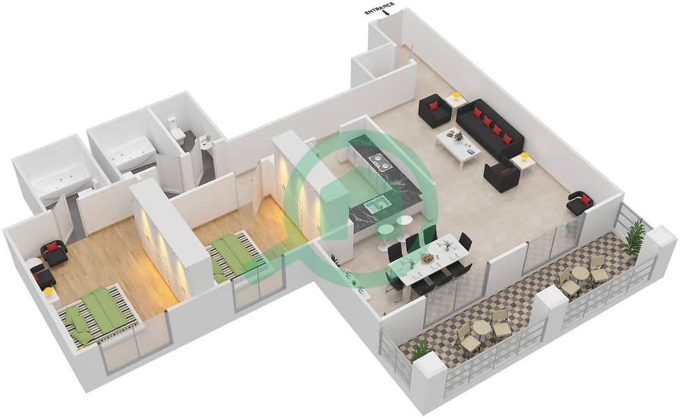 المخططات الطابقية لتصميم التصميم 14,22,27 شقة 2 غرفة نوم - برج ارنو A Floor 1-4 interactive3D
