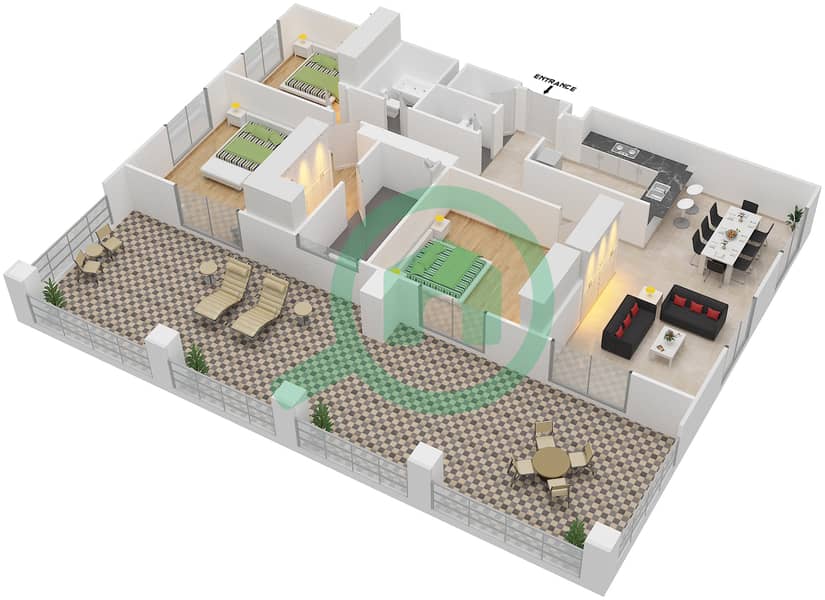 Арно Тауэр А - Апартамент 3 Cпальни планировка Гарнитур, анфилиада комнат, апартаменты, подходящий 12A,20A,28A Floor 2 interactive3D
