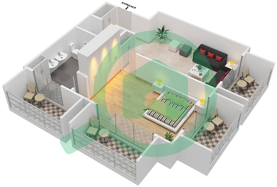 المخططات الطابقية لتصميم النموذج B شقة 1 غرفة نوم - منتجع كوت دازور interactive3D