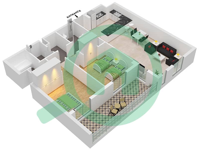 Нур 7 - Апартамент 2 Cпальни планировка Тип G Floor 5-6 interactive3D