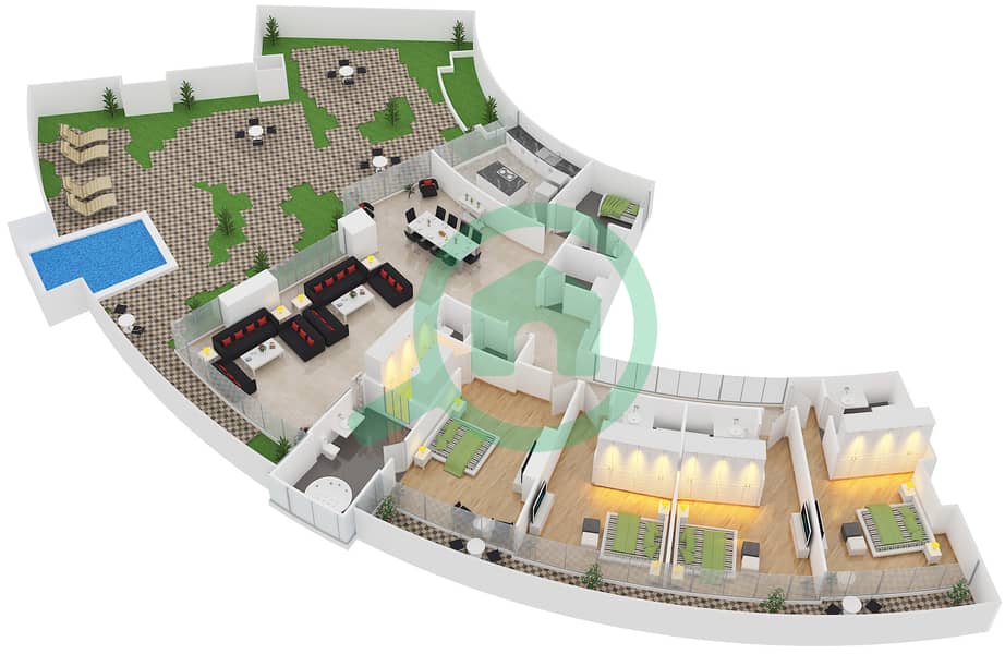 المخططات الطابقية لتصميم النموذج D شقة 4 غرف نوم - سكاي ريزيدنسي interactive3D