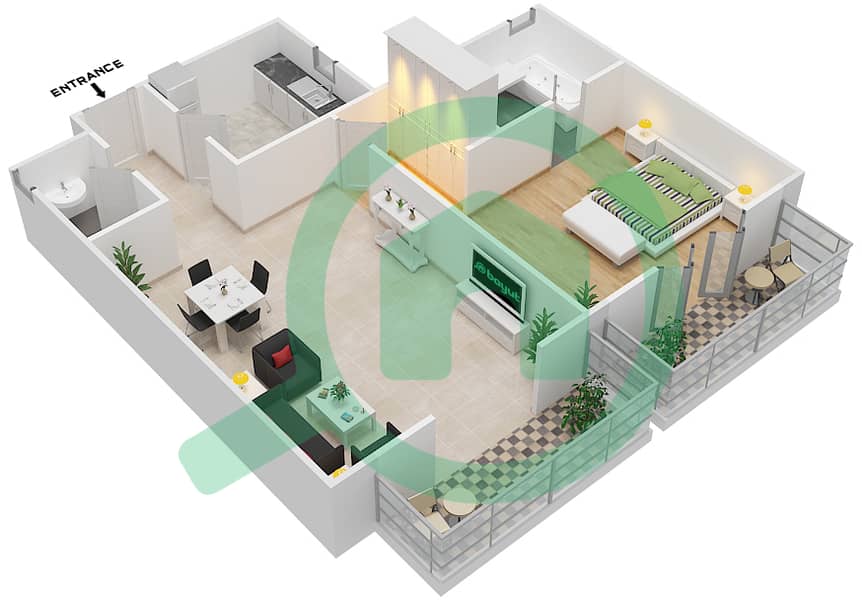 Риах Тауэрс - Апартамент 1 Спальня планировка Тип 1B-B Floor 1-15 interactive3D
