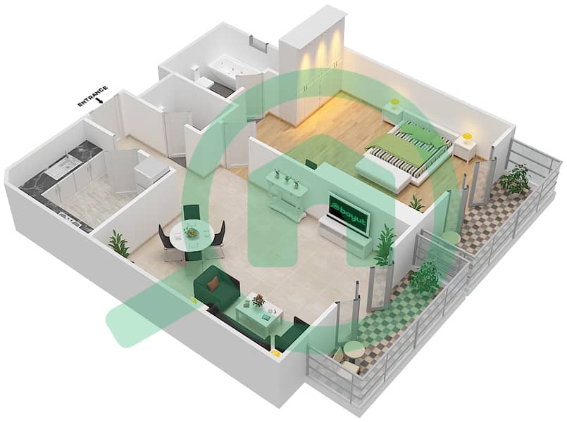 Riah Towers - 1 Bedroom Apartment Type 1B-A Floor plan Floor 1-15 interactive3D