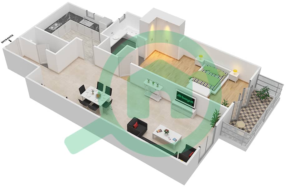 Риах Тауэрс - Апартамент 1 Спальня планировка Тип 1B-C Floor 1-15 interactive3D
