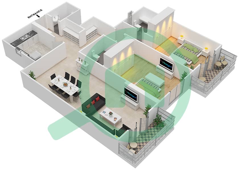 Риах Тауэрс - Апартамент 2 Cпальни планировка Тип 2B-B Floor 1-15 interactive3D