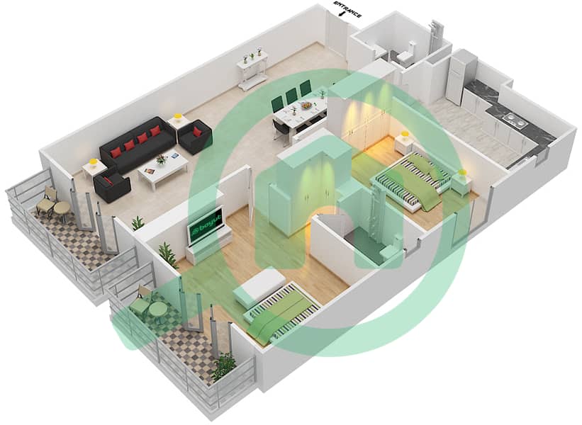 Риах Тауэрс - Апартамент 2 Cпальни планировка Тип 2B-A Floor 1-15 interactive3D
