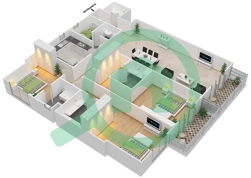 Риах Тауэрс - Апартамент 3 Cпальни планировка Тип 3B-A Floor 1-15 interactive3D