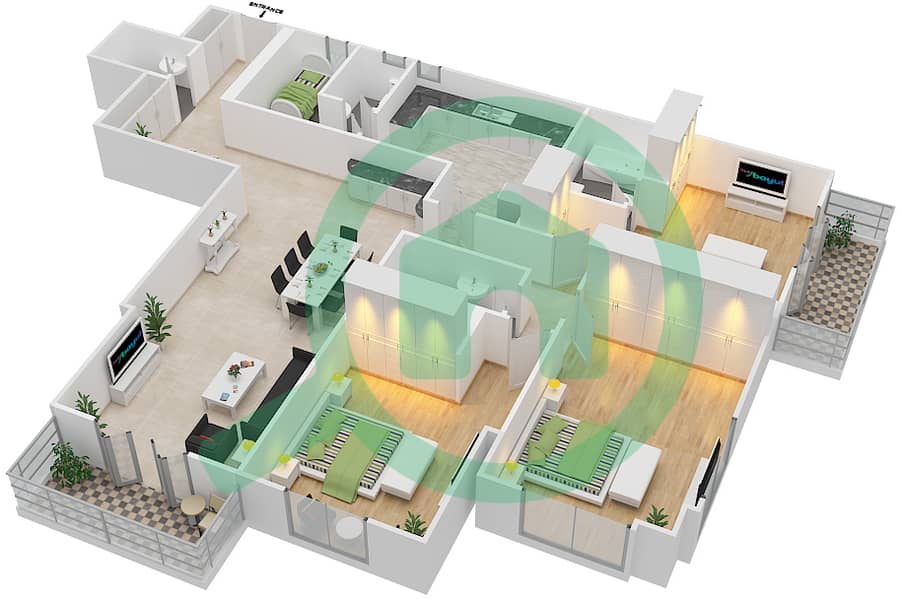 Риах Тауэрс - Апартамент 3 Cпальни планировка Тип 3B-C Floor 1-15 interactive3D