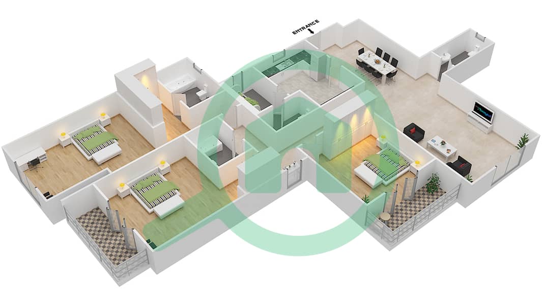 Риах Тауэрс - Апартамент 3 Cпальни планировка Тип 3B-B Floor 1-15 interactive3D