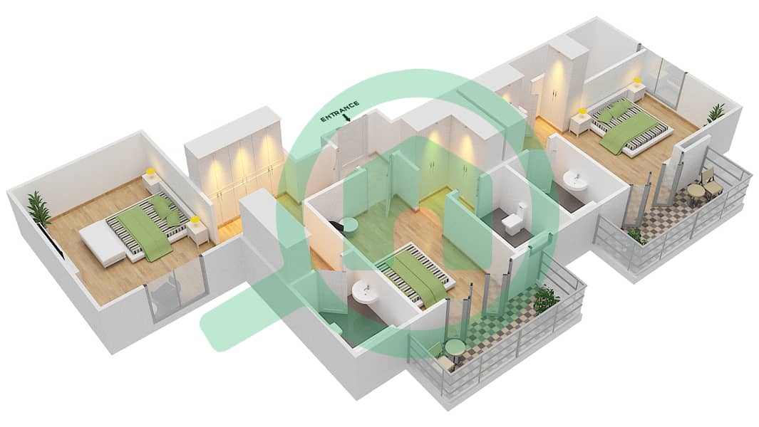 Риах Тауэрс - Пентхаус 3 Cпальни планировка Тип 3B-A Upper Floor interactive3D