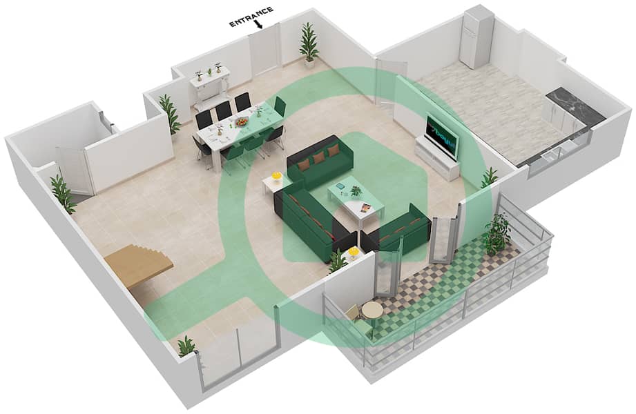 Риах Тауэрс - Пентхаус 2 Cпальни планировка Тип 2B-A Lower Floor interactive3D