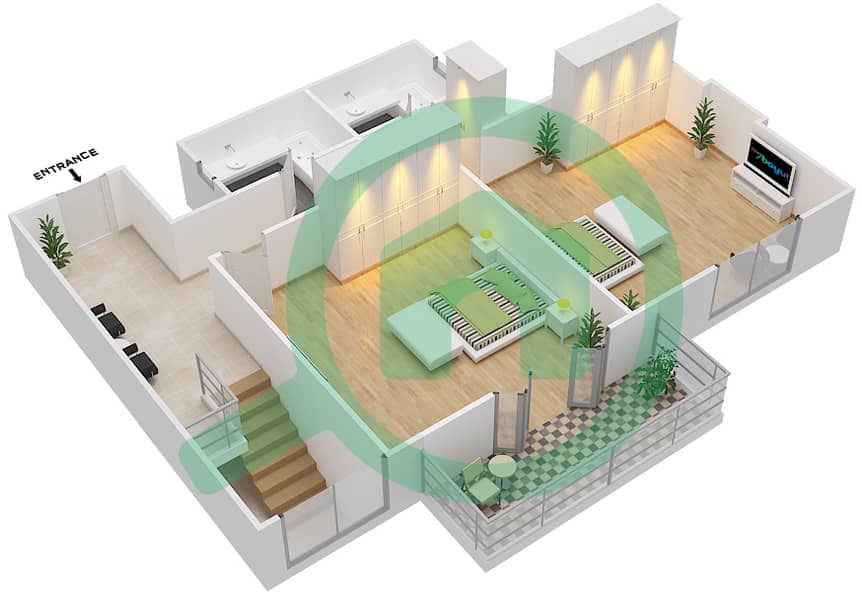 Риах Тауэрс - Пентхаус 2 Cпальни планировка Тип 2B-A Upper Floor interactive3D