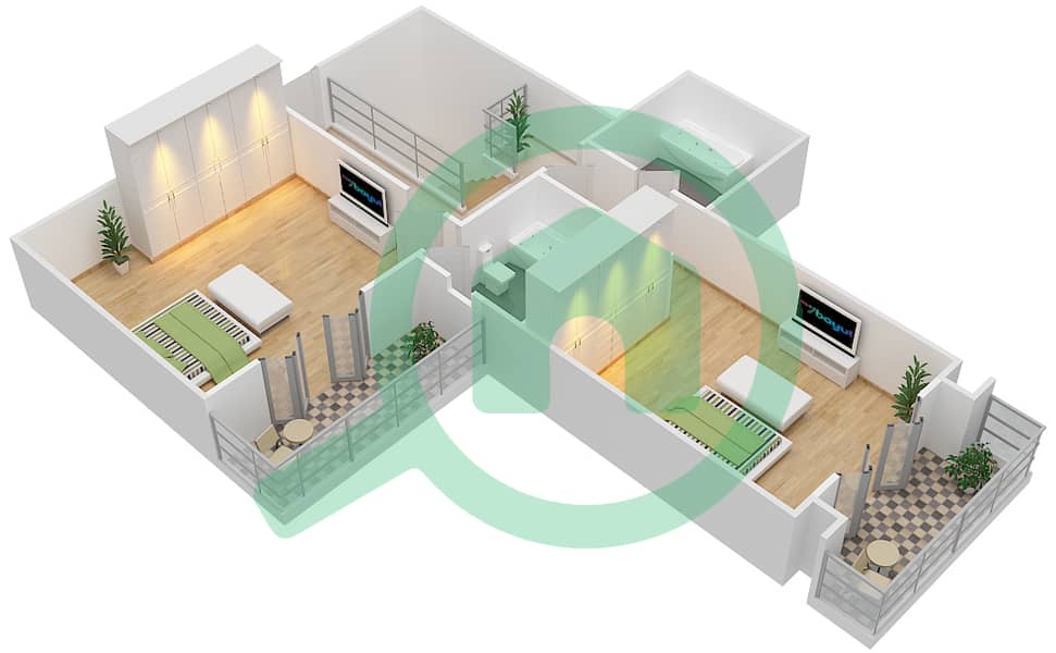 Риах Тауэрс - Пентхаус 2 Cпальни планировка Тип 2B-B Upper Floor interactive3D
