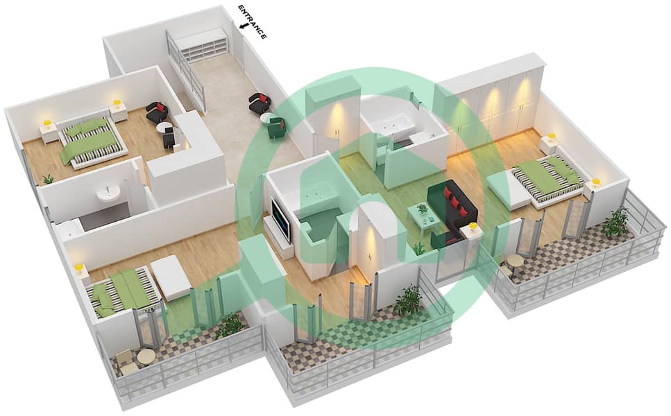 Риах Тауэрс - Пентхаус 3 Cпальни планировка Тип 3B-D Upper Floor interactive3D