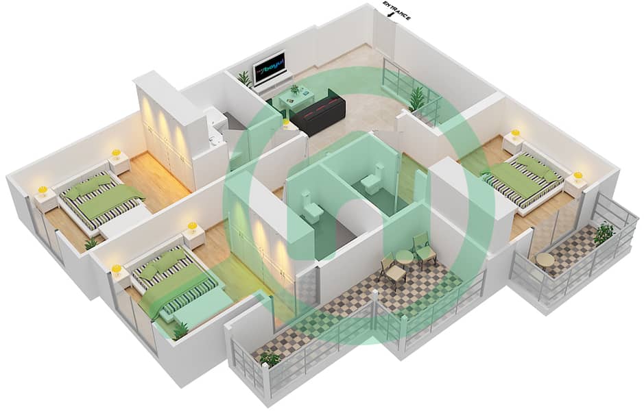 Риах Тауэрс - Пентхаус 3 Cпальни планировка Тип 3B-C Upper Floor interactive3D