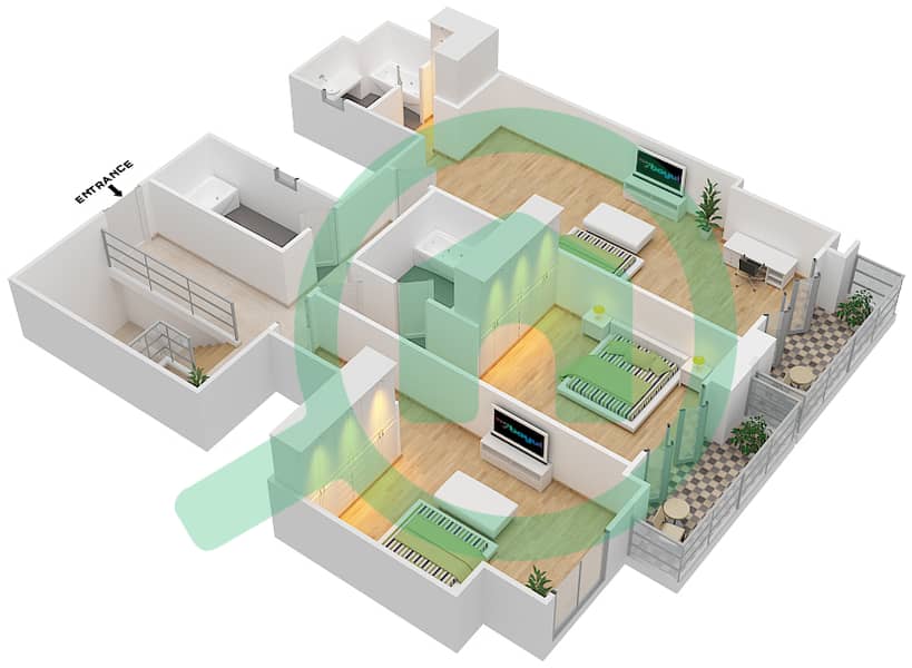 Риах Тауэрс - Пентхаус 3 Cпальни планировка Тип 3B-B Upper Floor interactive3D