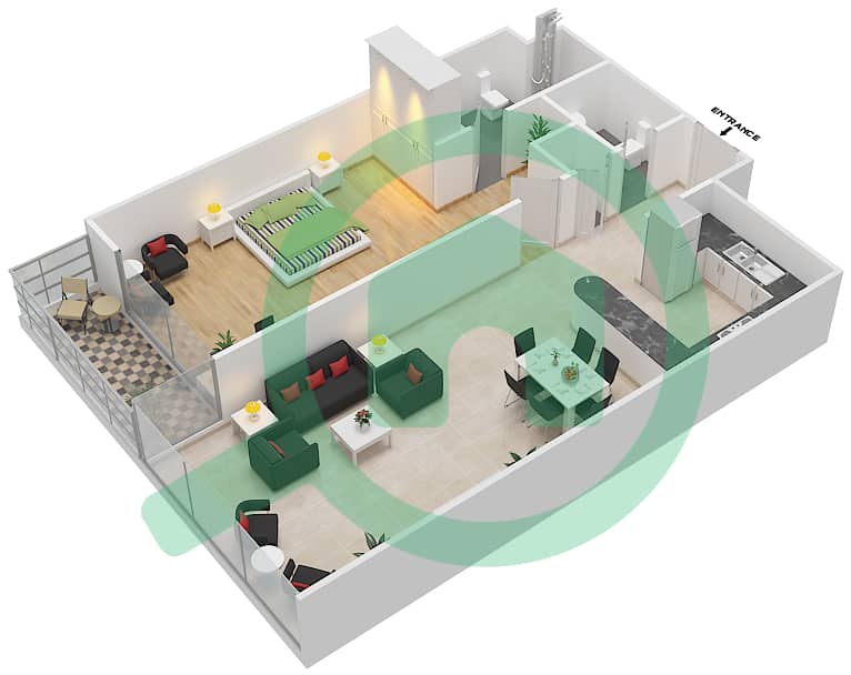 Блум Марина - Апартамент 1 Спальня планировка Тип A interactive3D