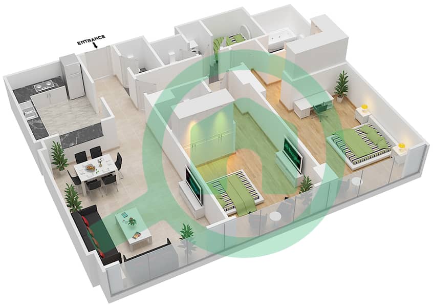 Блум Марина - Апартамент 2 Cпальни планировка Тип B interactive3D