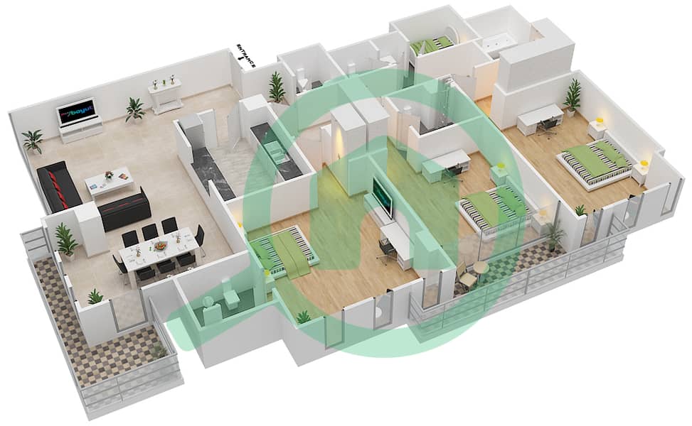 المخططات الطابقية لتصميم النموذج C شقة 3 غرف نوم - بلوم مارينا interactive3D
