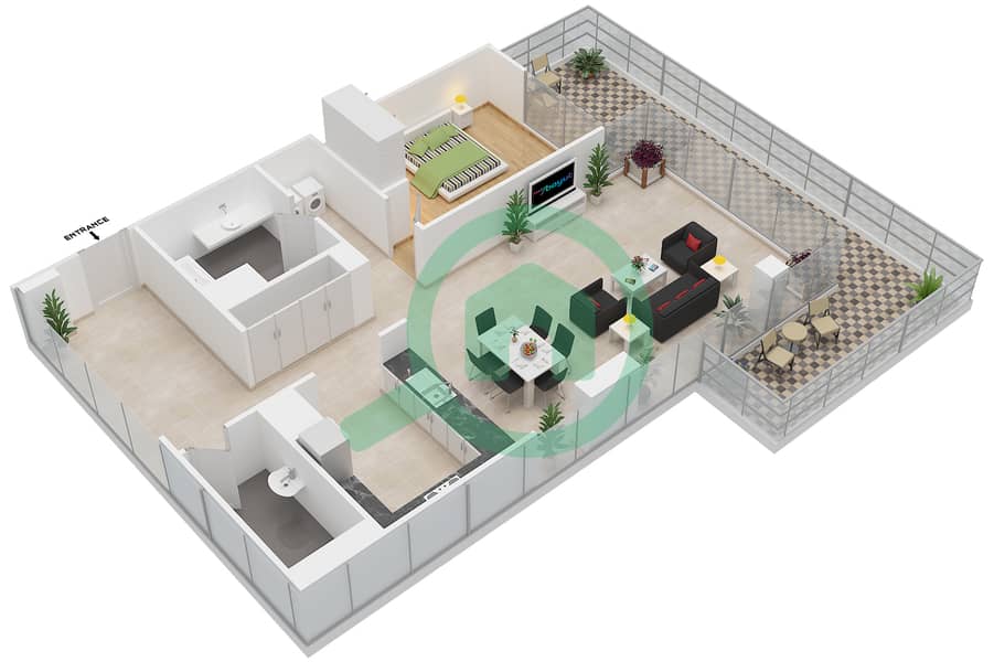 المخططات الطابقية لتصميم النموذج A شقة 1 غرفة نوم - المراسي interactive3D