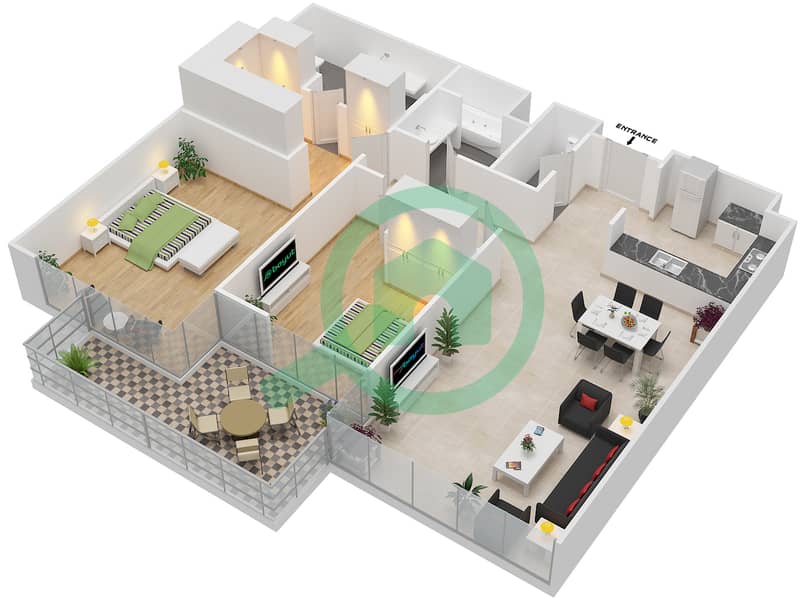 المخططات الطابقية لتصميم النموذج B شقة 2 غرفة نوم - المراسي interactive3D