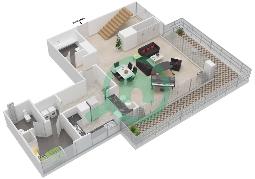 المخططات الطابقية لتصميم النموذج C شقة 3 غرف نوم - المراسي First Floor interactive3D