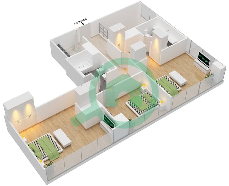 المخططات الطابقية لتصميم النموذج C شقة 3 غرف نوم - المراسي Second Floor interactive3D