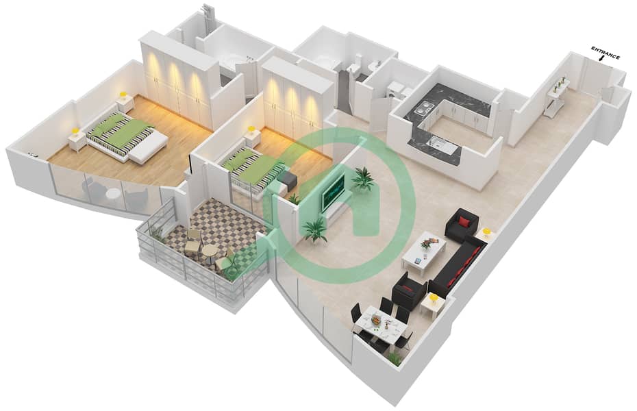 المخططات الطابقية لتصميم النموذج A شقة 2 غرفة نوم - ذا لينكس البرج الغربي interactive3D