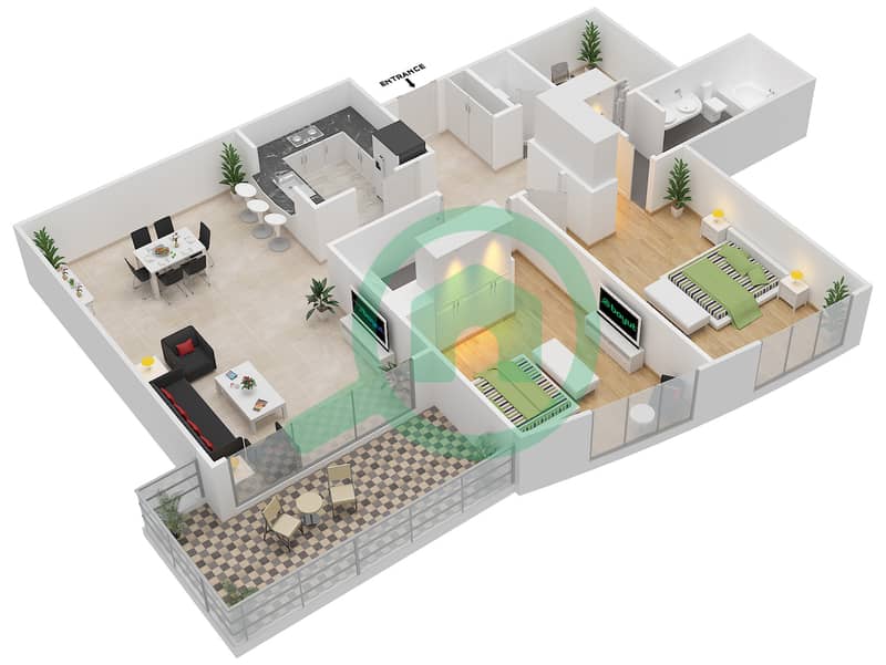 المخططات الطابقية لتصميم النموذج B شقة 2 غرفة نوم - ذا لينكس البرج الغربي interactive3D