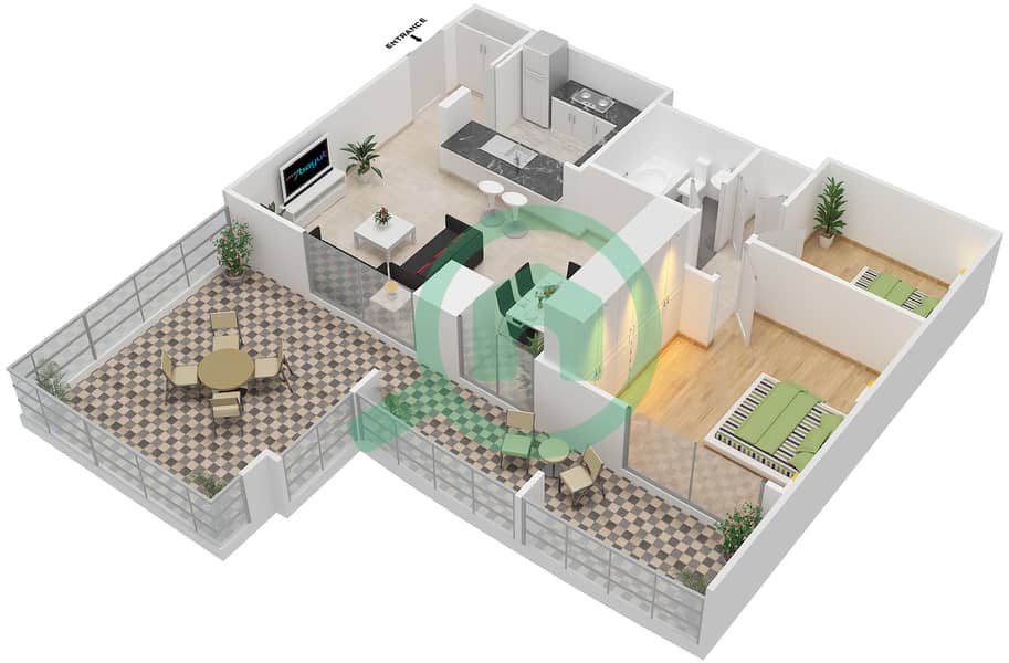 المخططات الطابقية لتصميم التصميم 01 FLOOR 2 شقة 1 غرفة نوم - برج الغولف 1 Floor 2 interactive3D