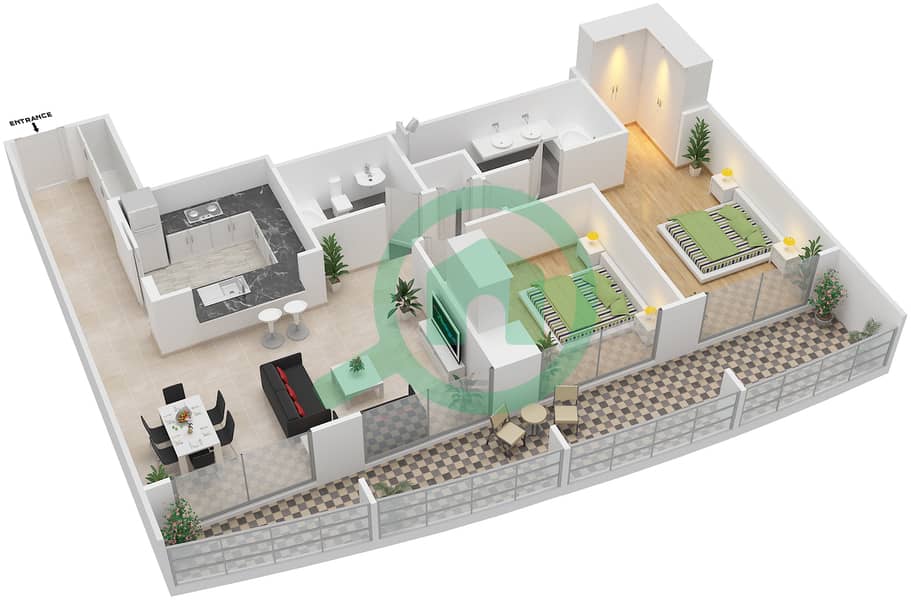 Гольф Тауэр 1 - Апартамент 2 Cпальни планировка Гарнитур, анфилиада комнат, апартаменты, подходящий 01 FLOOR 3-25 Floor 3-25 interactive3D