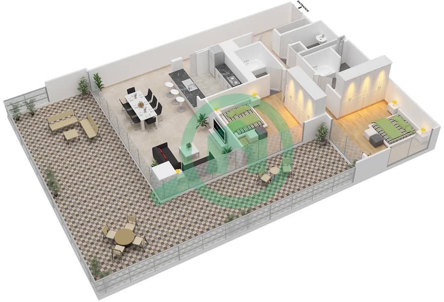 Гольф Тауэр 1 - Апартамент 2 Cпальни планировка Гарнитур, анфилиада комнат, апартаменты, подходящий 02 FLOOR 2 Floor 2 interactive3D