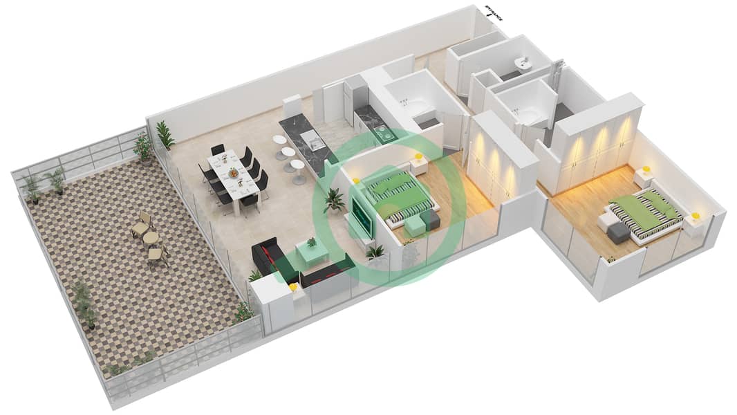 Гольф Тауэр 1 - Апартамент 2 Cпальни планировка Гарнитур, анфилиада комнат, апартаменты, подходящий 02 FLOOR 3-25 Floor 3-25 interactive3D