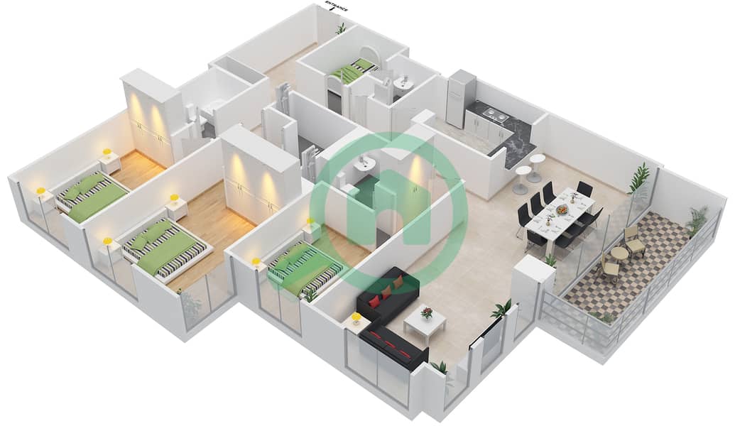 Гольф Тауэр 1 - Апартамент 3 Cпальни планировка Гарнитур, анфилиада комнат, апартаменты, подходящий 03 LEVEL 1-25 Level 1-25 interactive3D