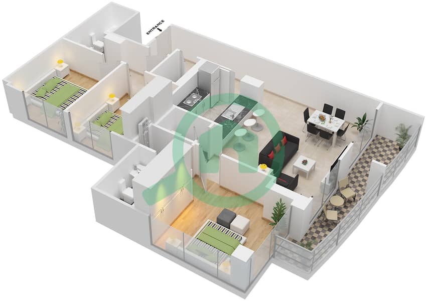 Гольф Тауэр 1 - Апартамент 3 Cпальни планировка Гарнитур, анфилиада комнат, апартаменты, подходящий 05 FLOOR 1 Floor 1 interactive3D