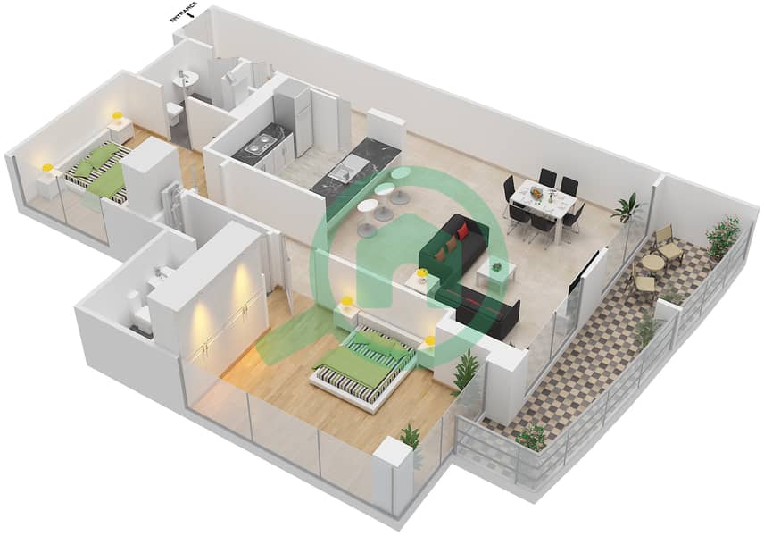 Гольф Тауэр 1 - Апартамент 2 Cпальни планировка Гарнитур, анфилиада комнат, апартаменты, подходящий 05 FLOOR 2-25 Floor 2-25 interactive3D