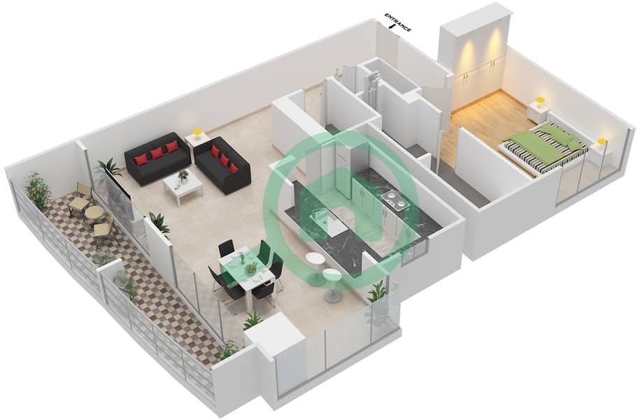 Гольф Тауэр 1 - Апартамент 1 Спальня планировка Гарнитур, анфилиада комнат, апартаменты, подходящий 06 FLOOR 2-6 Floor 2-6 interactive3D
