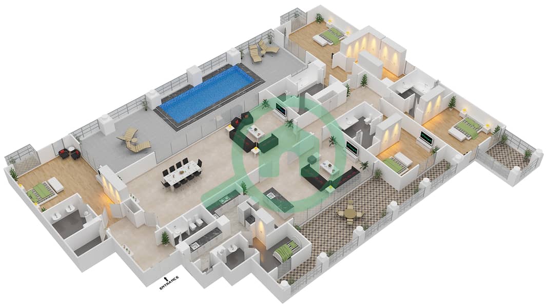 المخططات الطابقية لتصميم النموذج PH-5 بنتهاوس 4 غرف نوم - مساكن سعديات سان ريجيس interactive3D