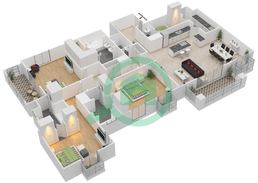 萨迪亚特圣瑞吉公寓 - 3 卧室公寓类型D戶型图 interactive3D