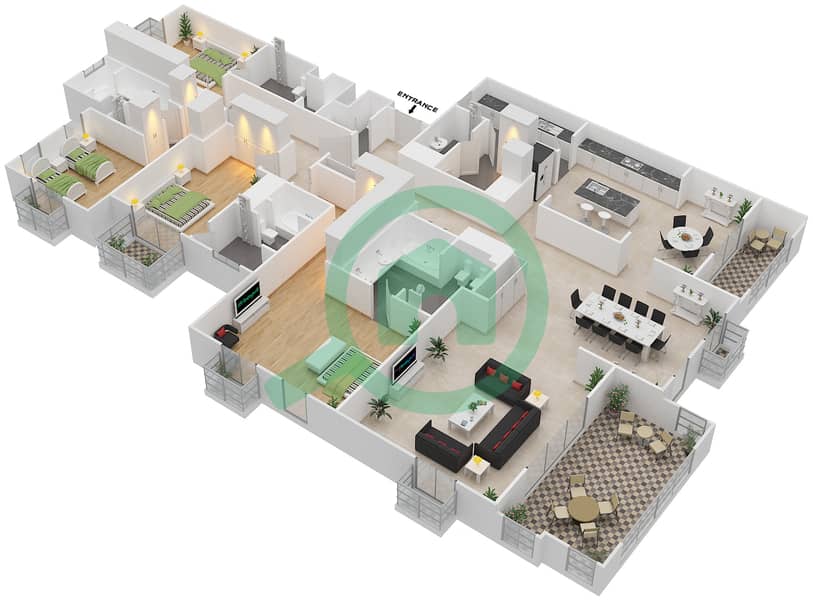 Saadiyat St Regis Residences - 4 Bedroom Apartment Type B Floor plan interactive3D