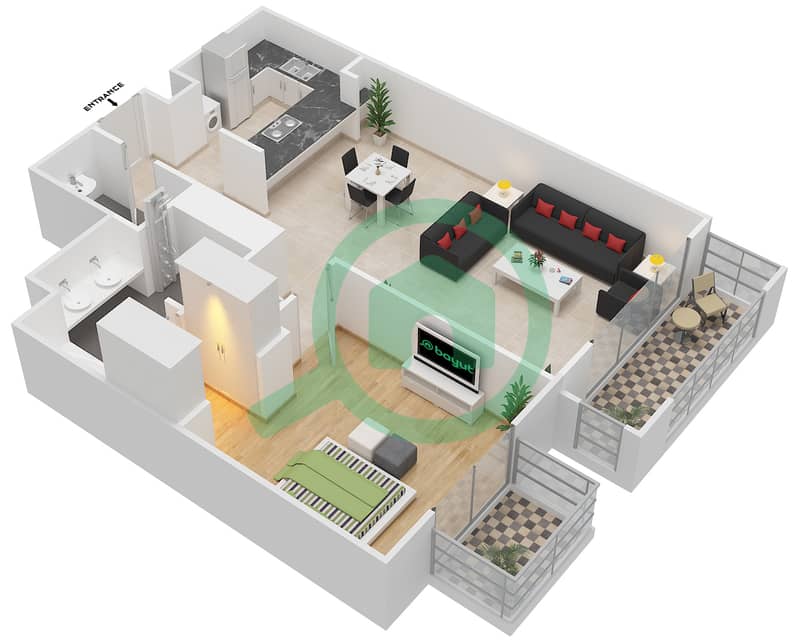 المخططات الطابقية لتصميم النموذج B شقة 1 غرفة نوم - مساكن سعديات سان ريجيس interactive3D