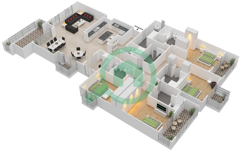 المخططات الطابقية لتصميم النموذج A شقة 4 غرف نوم - مساكن سعديات سان ريجيس interactive3D