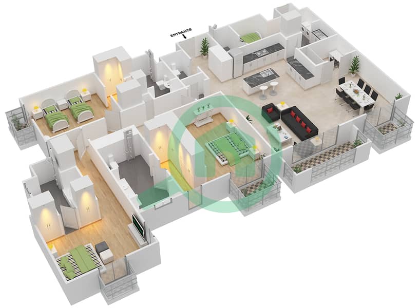 Saadiyat St Regis Residences - 3 Bedroom Apartment Type A Floor plan interactive3D