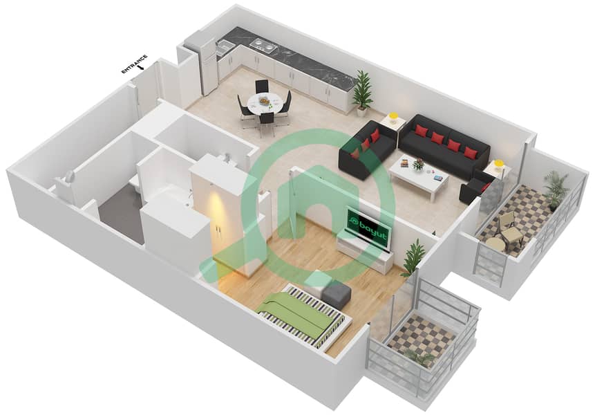 المخططات الطابقية لتصميم النموذج A شقة 1 غرفة نوم - مساكن سعديات سان ريجيس interactive3D