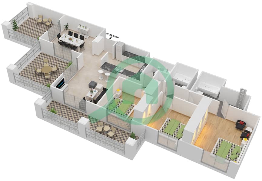 Арно Тауэр А - Апартамент 3 Cпальни планировка Гарнитур, анфилиада комнат, апартаменты, подходящий 19A FLOOR 6 Floor 6 interactive3D