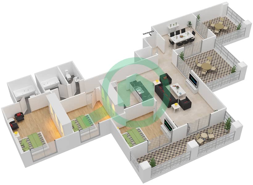 Арно Тауэр А - Апартамент 3 Cпальни планировка Гарнитур, анфилиада комнат, апартаменты, подходящий 22A Floor 5-6 interactive3D