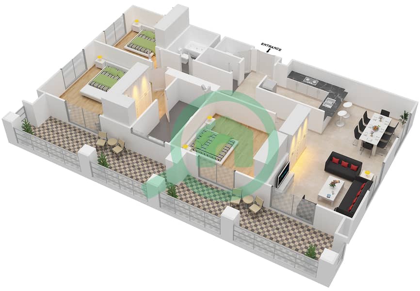 Арно Тауэр А - Апартамент 3 Cпальни планировка Гарнитур, анфилиада комнат, апартаменты, подходящий 20A,28A Floor 3-4 interactive3D
