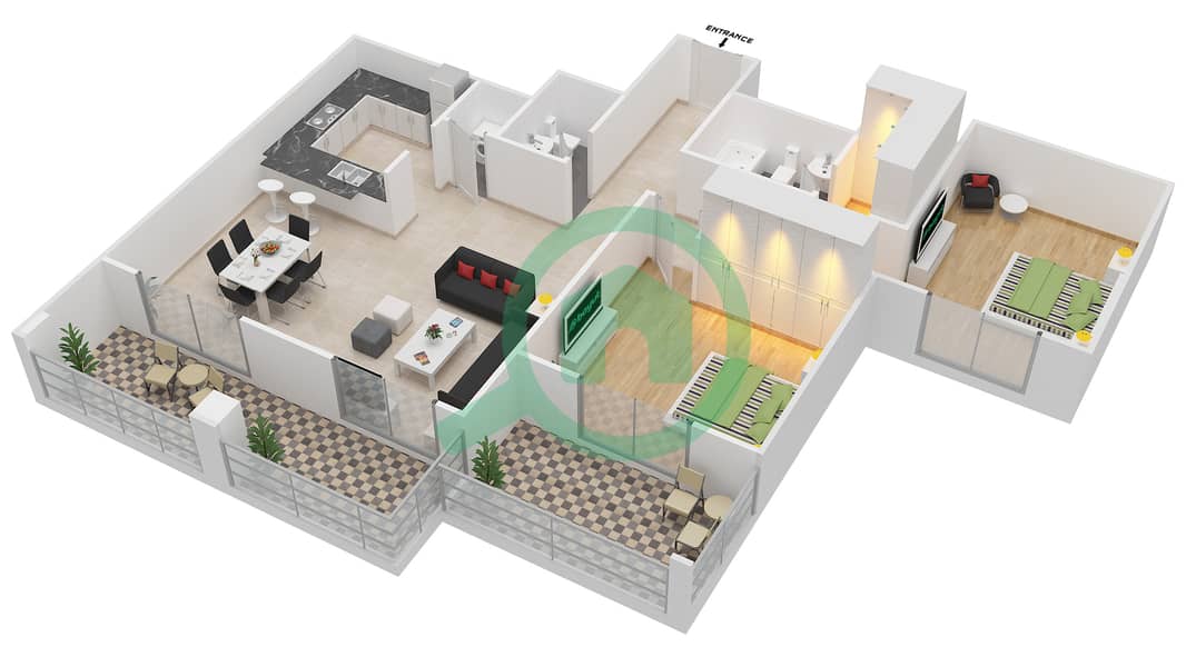 المخططات الطابقية لتصميم التصميم G24 شقة 2 غرفة نوم - برج ارنو A Ground Floor interactive3D