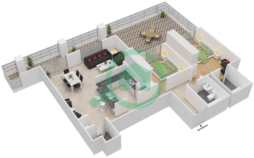 المخططات الطابقية لتصميم التصميم G14,G22,G27 شقة 2 غرفة نوم - برج ارنو A Ground Floor interactive3D